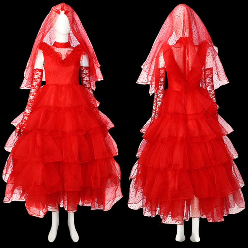 Red layered dress with a veil on a white background