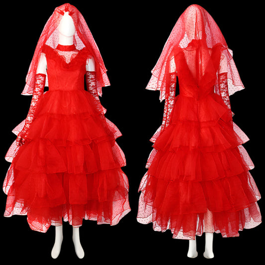 Red layered dress with a veil on a white background