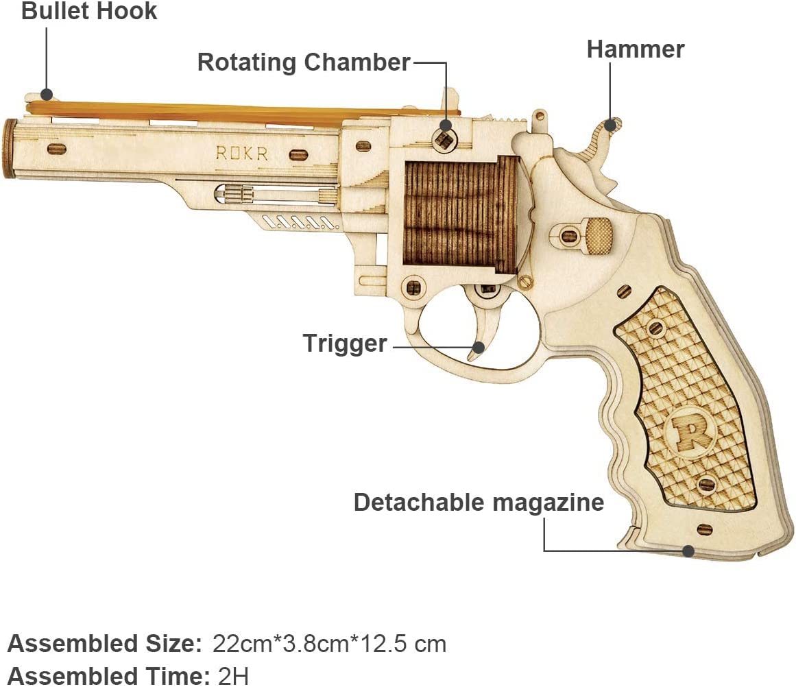 Wooden revolver model with labeled parts on a white background