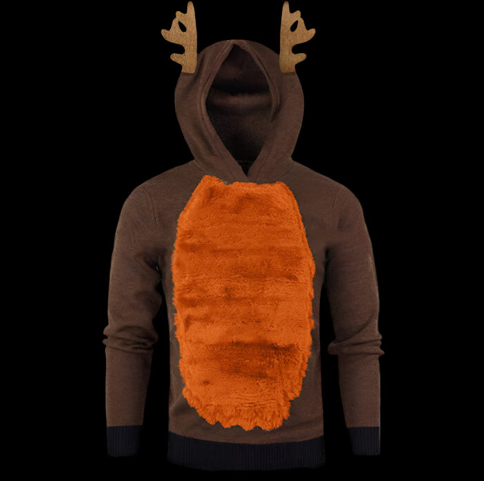 Hoodie with deer design featuring brown body, orange patch, and antlers on a white background