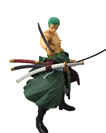 Action figure of a character from an anime with swords on a white background