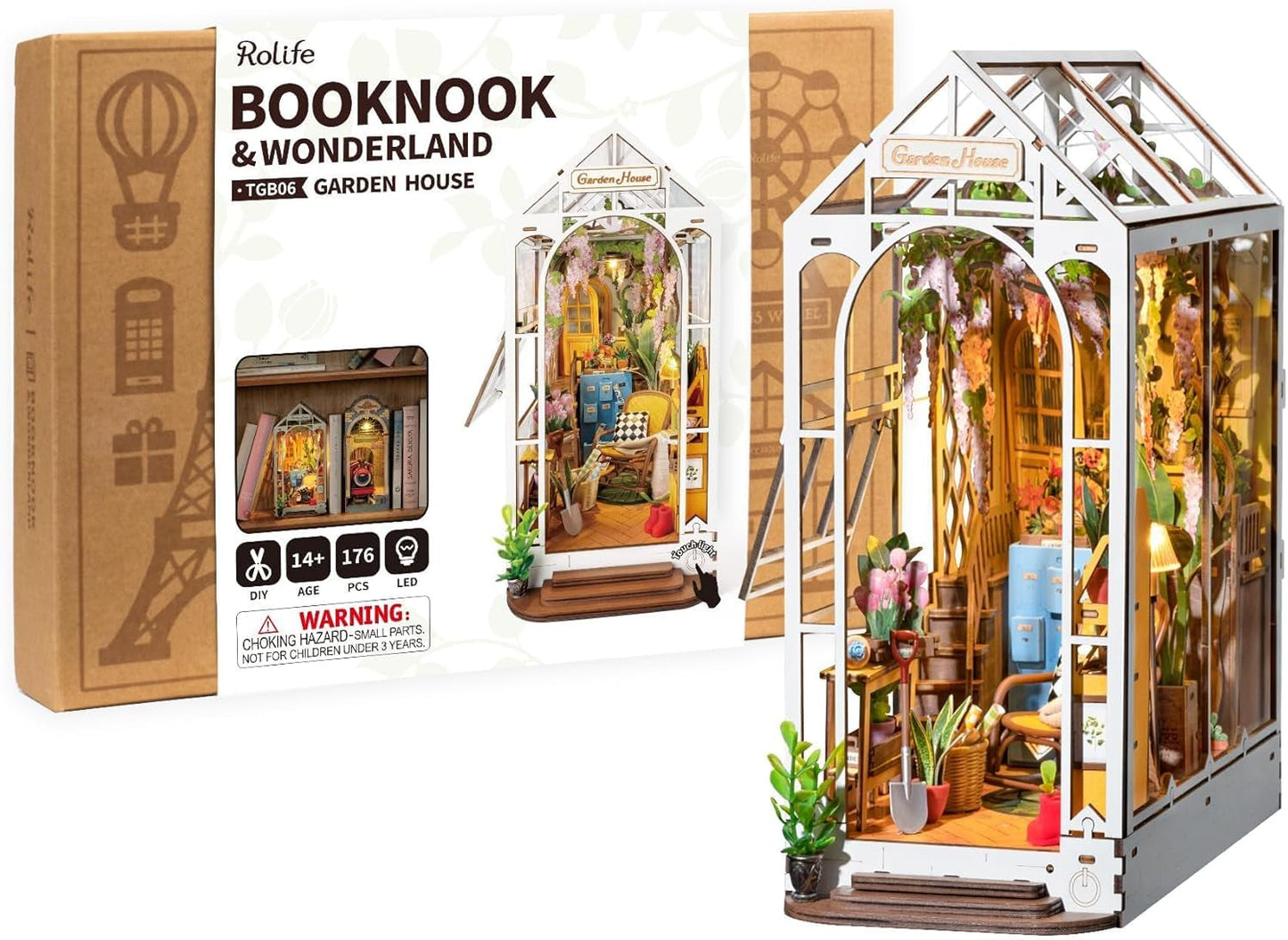 Rolife Booknook & Wonderland garden house with packaging on a white background