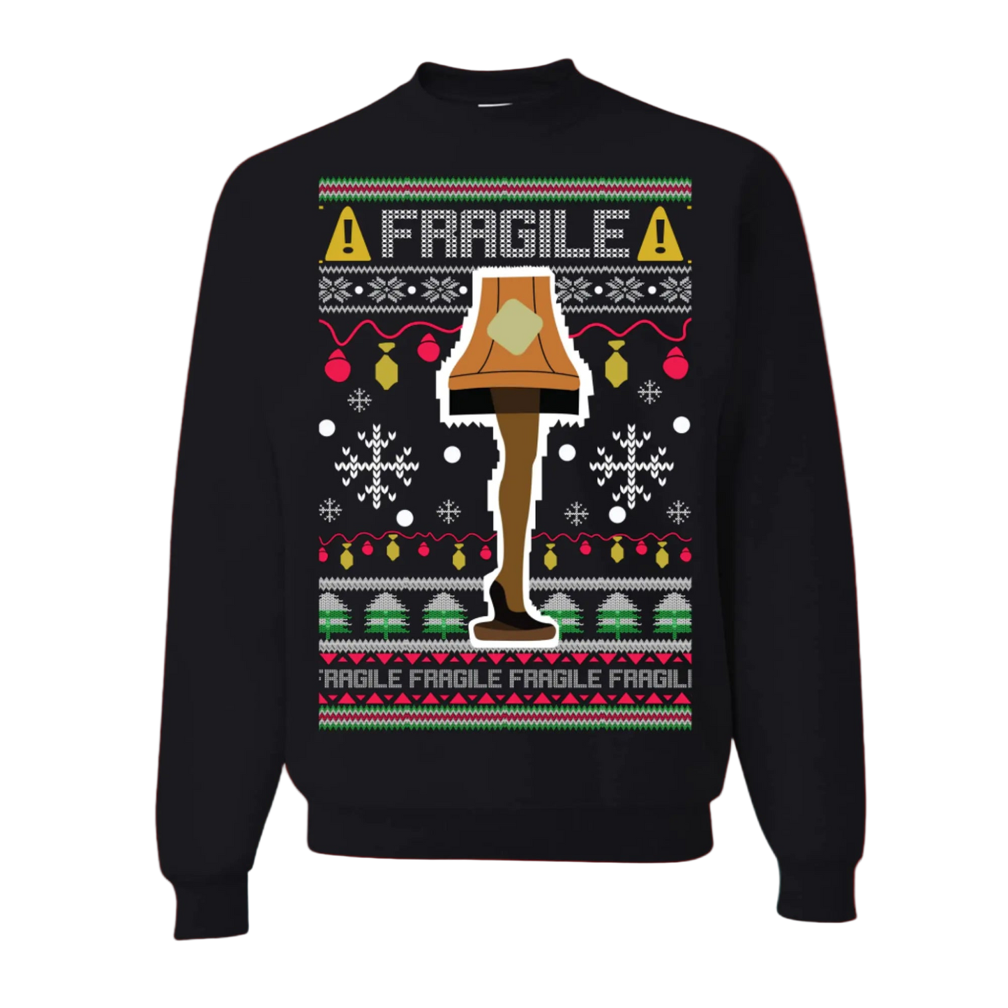 Black sweater with Christmas-themed design featuring a lamp and 'Fragile' text on a white background.