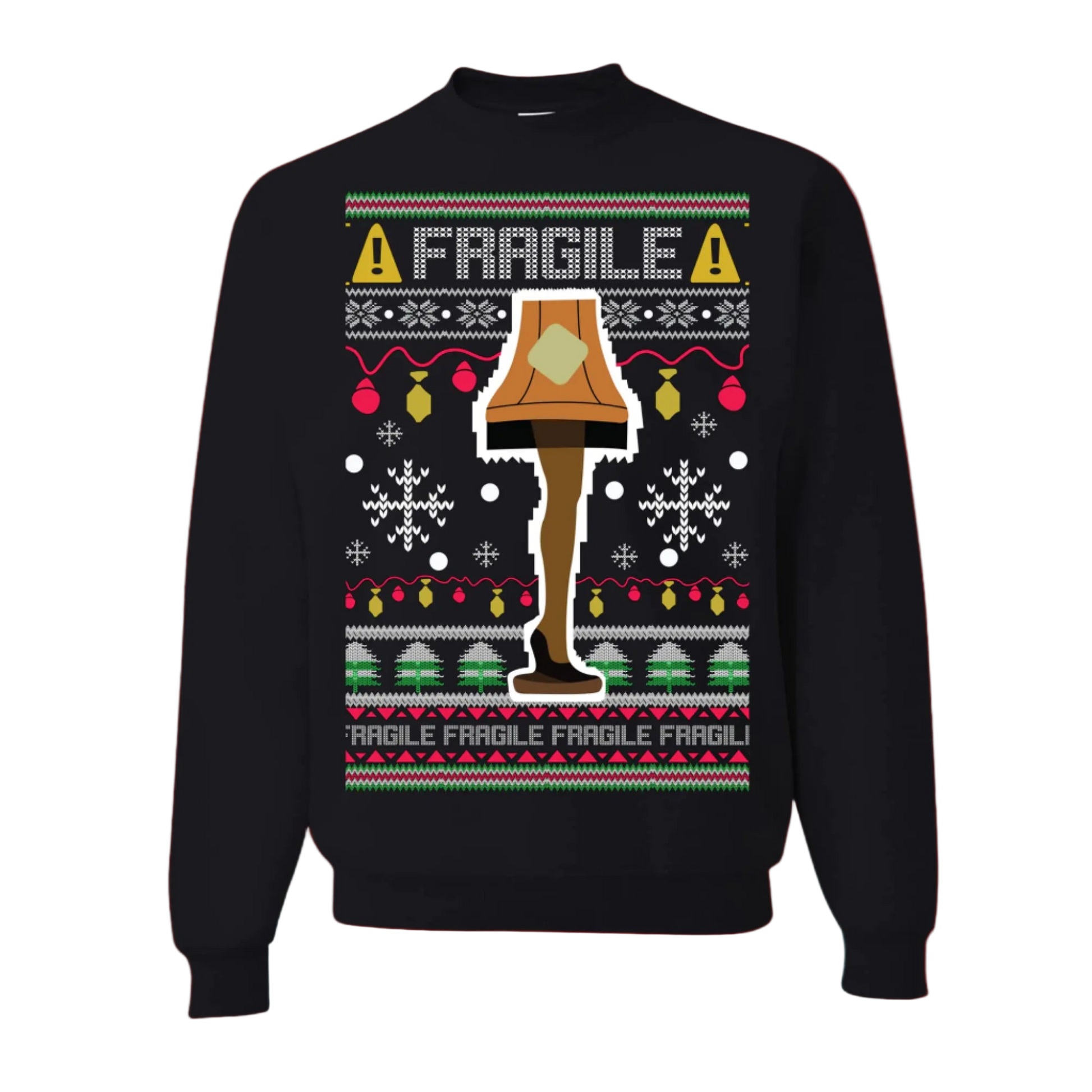 Black sweater with Christmas-themed design featuring a lamp and 'Fragile' text on a white background.