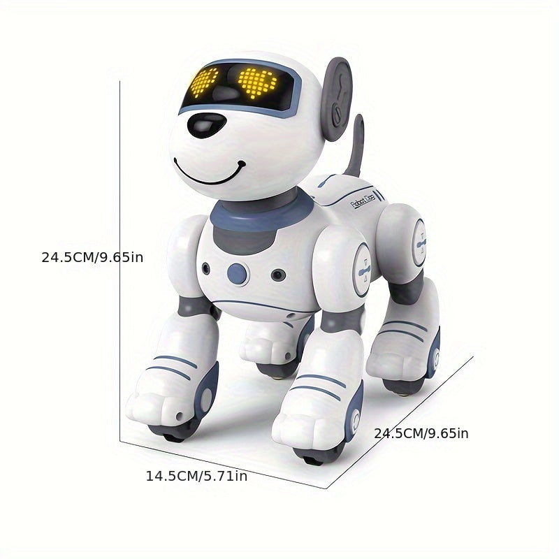 White robot dog toy with measurement indicators on a white background