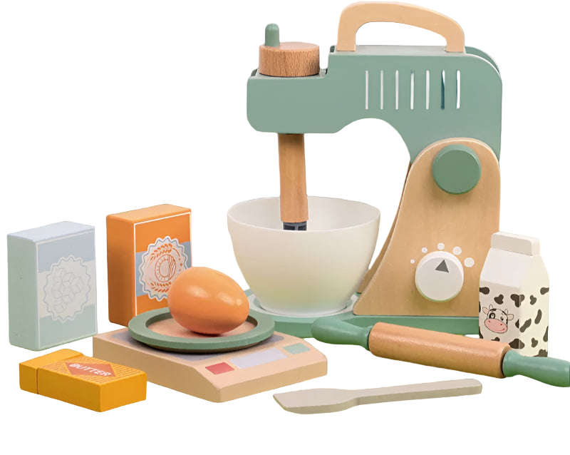 Children's wooden blender set with accessories on a kitchen counter