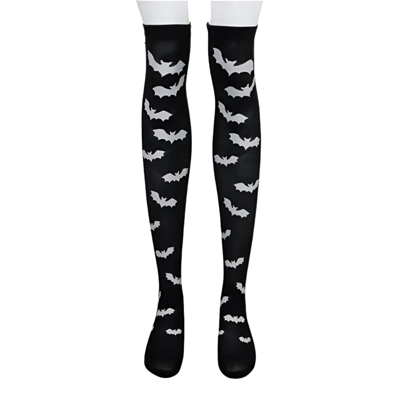Black knee-high socks with white bat patterns on a white background