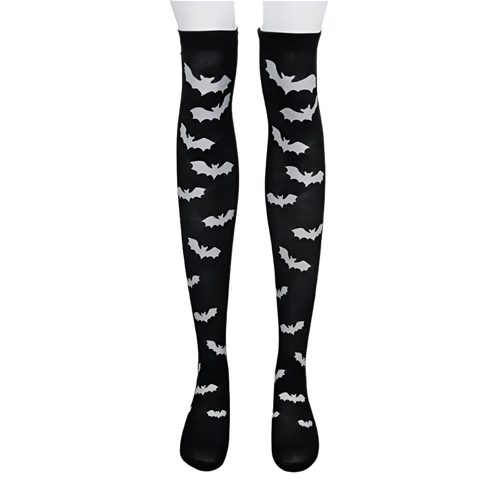 Black knee-high socks with white bat patterns on a white background