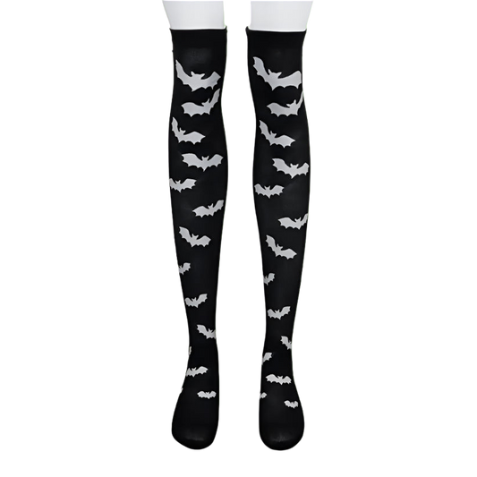 Black knee-high socks with white bat patterns on a white background