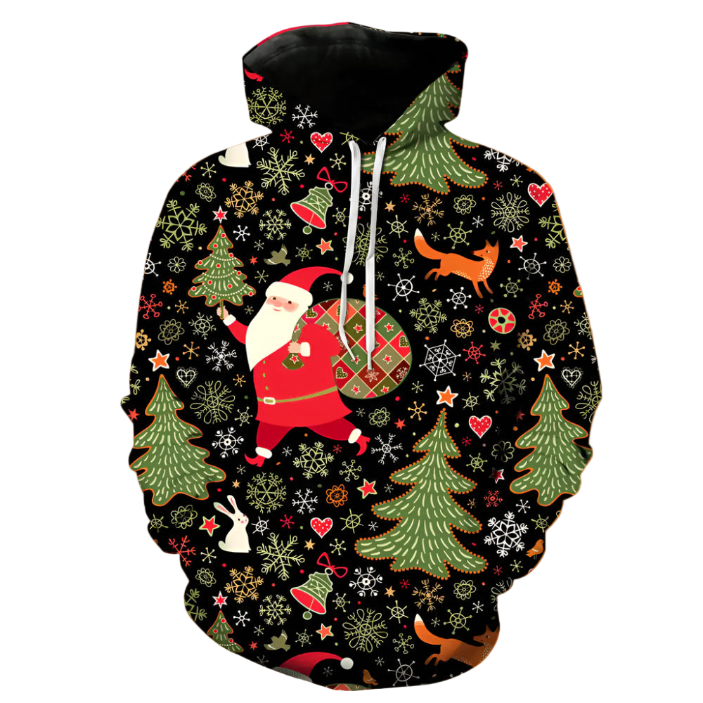 Hoodie with Christmas-themed design featuring Santa Claus, trees, and other festive elements on a black background.