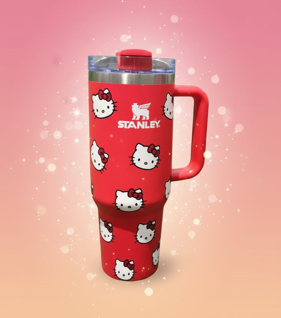 Red Stanley tumbler with Hello Kitty designs on a white background