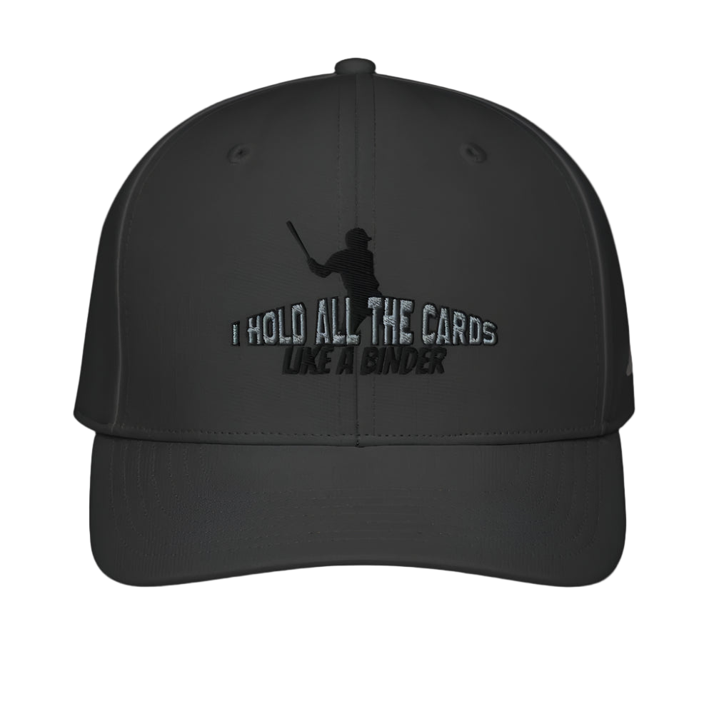 Black cap with text and silhouette design on a white background