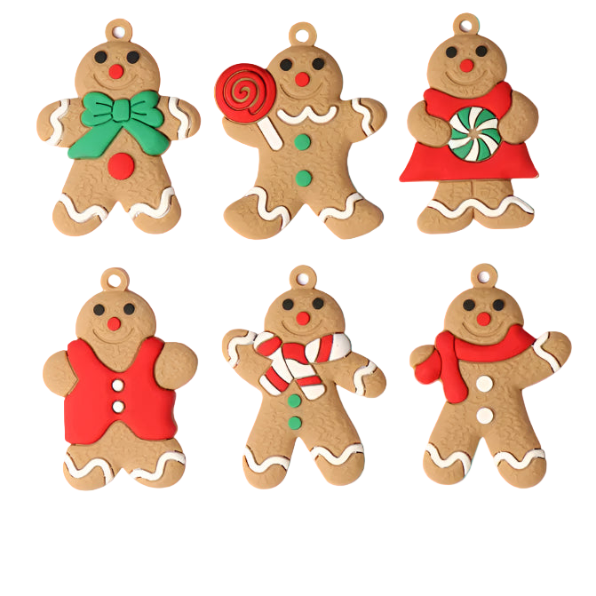 Set of gingerbread man ornaments with various accessories on a white background