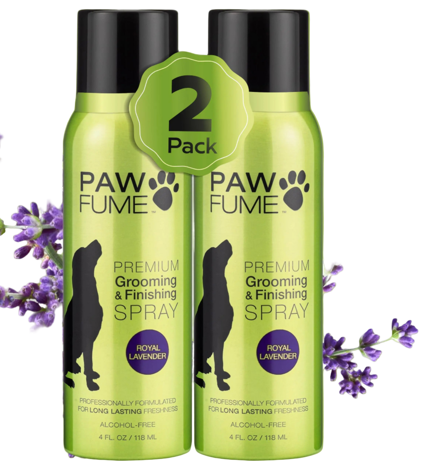 Two bottles of Paw Fume grooming spray with lavender flowers on a white background