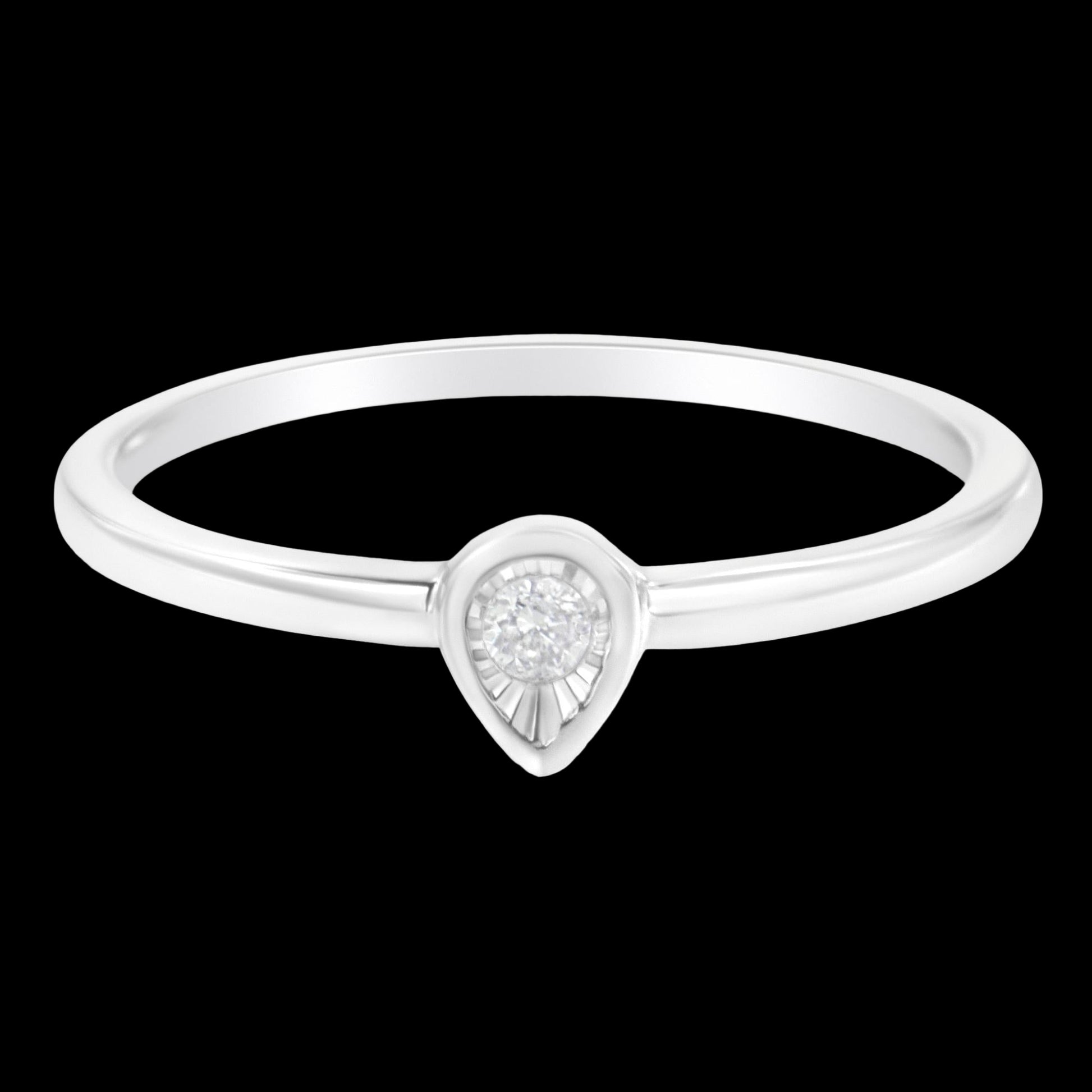 Silver ring with a teardrop-shaped diamond on a white background
