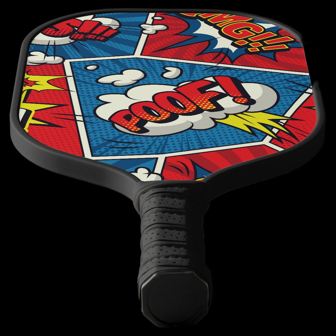 Pickleball paddle with comic book-style design on a white background