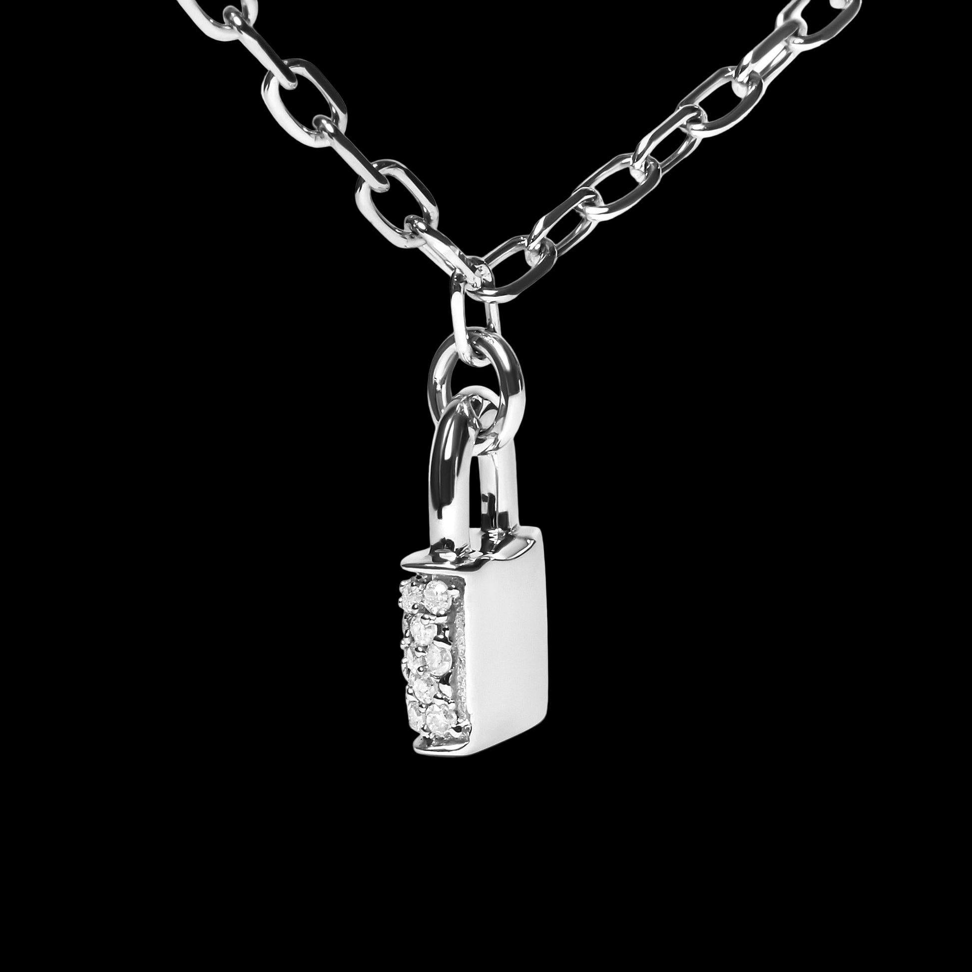 Silver padlock-shaped pendant with a chain on a white background