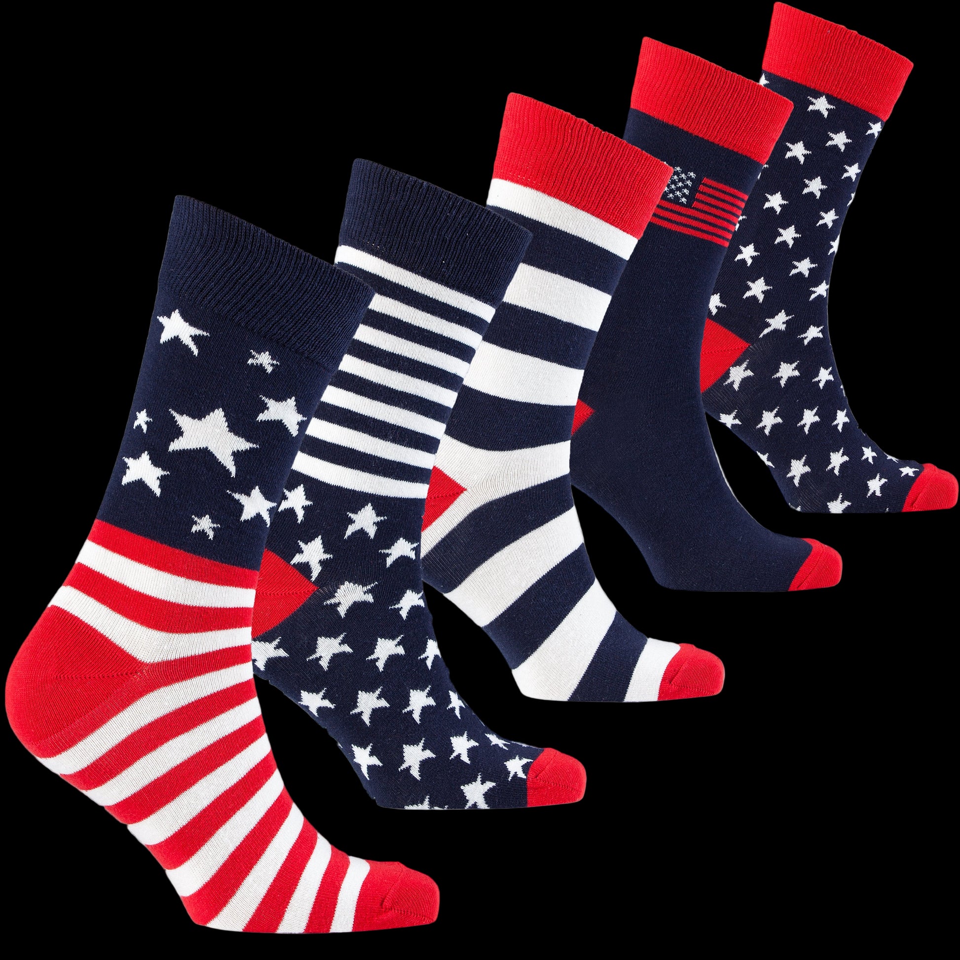 Set of five pairs of socks with American flag design on a white background
