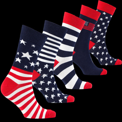 Set of five pairs of socks with American flag design on a white background