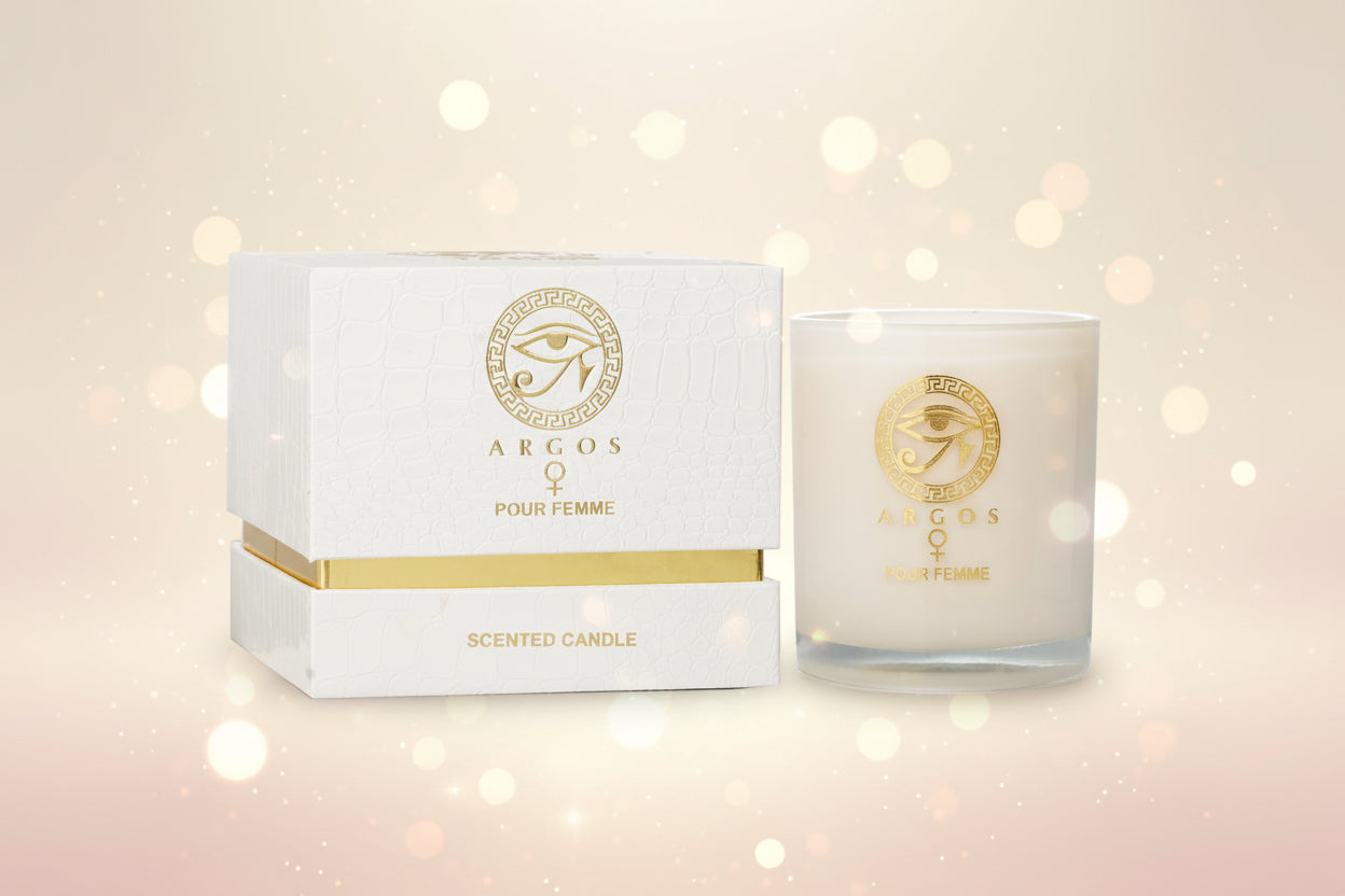Argos Pour Femme scented candle and packaging on a white background