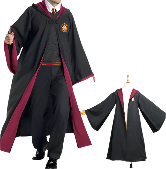 Black robe with red trim worn by a person and displayed on a mannequin.