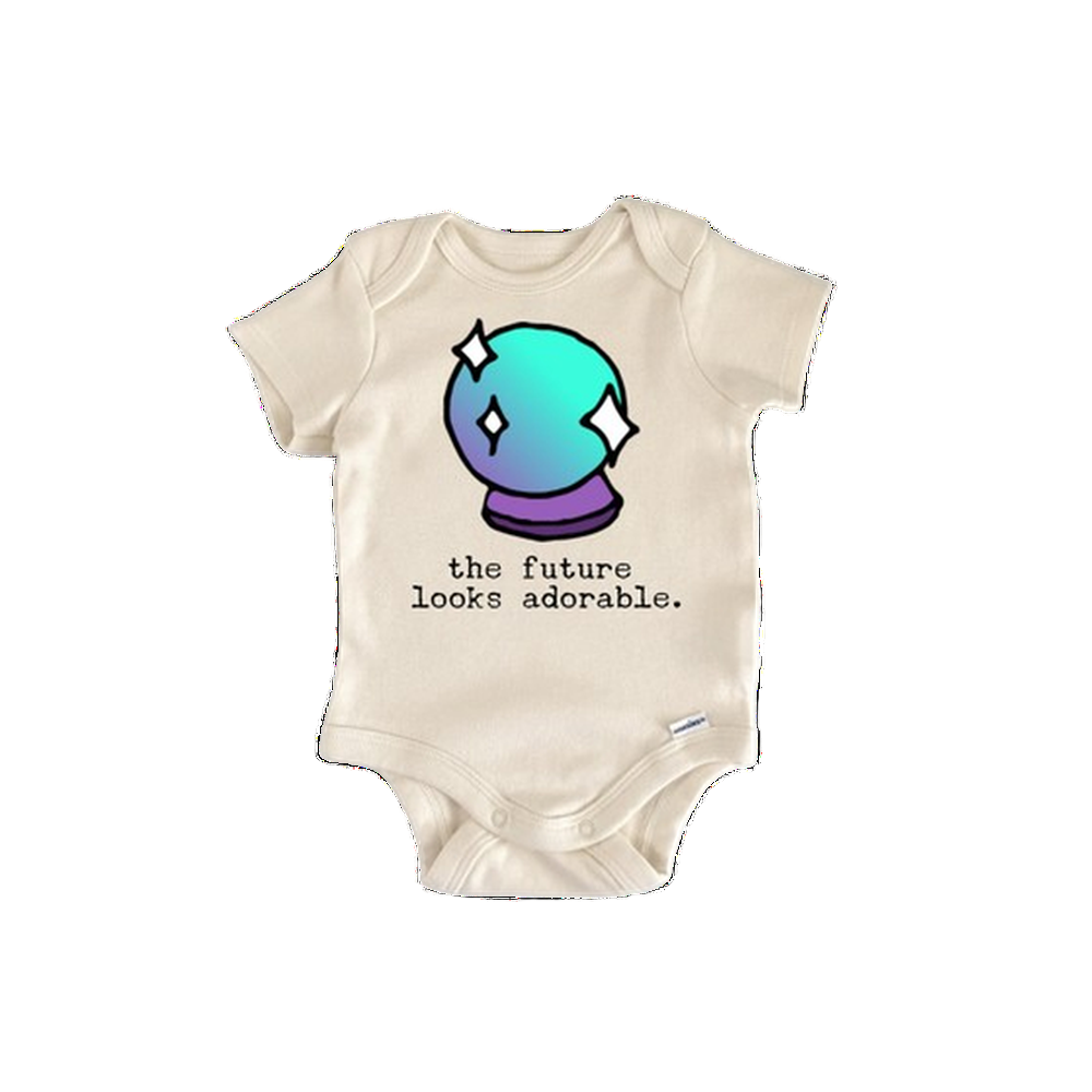 Baby onesie with a colorful design and text on a white background