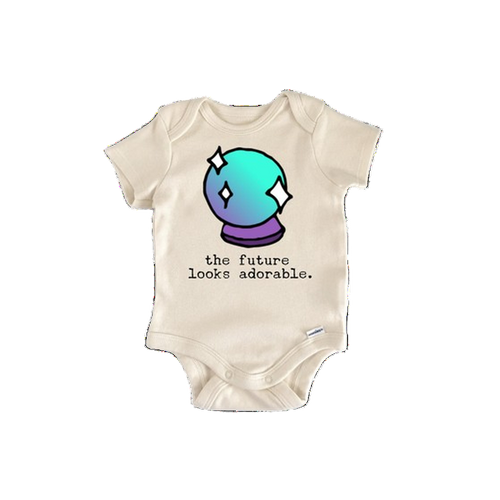 Baby onesie with a colorful design and text on a white background