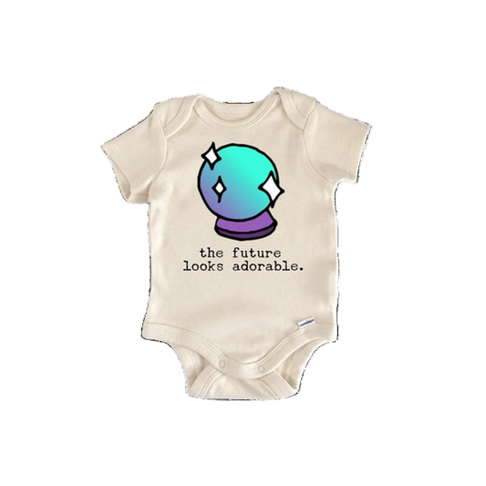 Baby onesie with a colorful design and text on a white background
