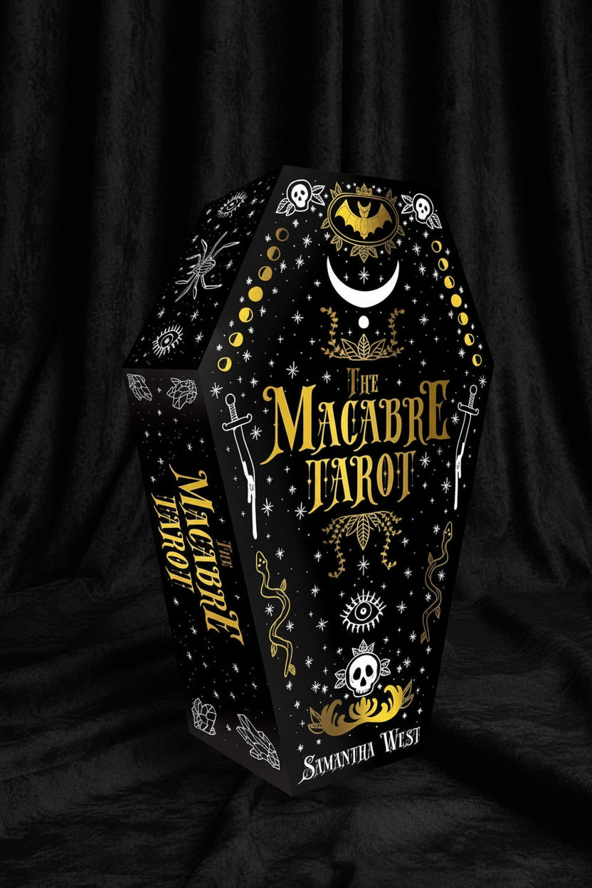 Coffin-shaped packaging for 'The Macabre Tarot' by Samantha West on a white background