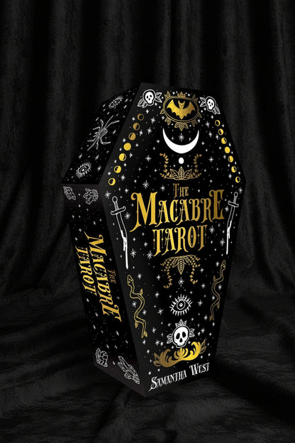 Coffin-shaped packaging for 'The Macabre Tarot' by Samantha West on a white background