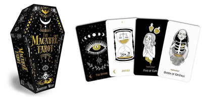 Mystical Tarot card set with black coffin-shaped box and tarot cards featuring illustrations.