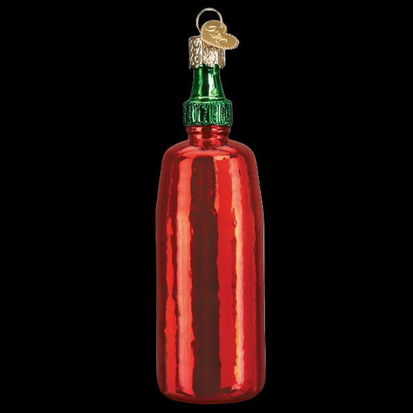 Red glass bottle ornament with green and gold cap on a white background