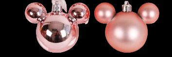 Set of rose gold Christmas ornaments shaped like Mickey Mouse heads on a white background.