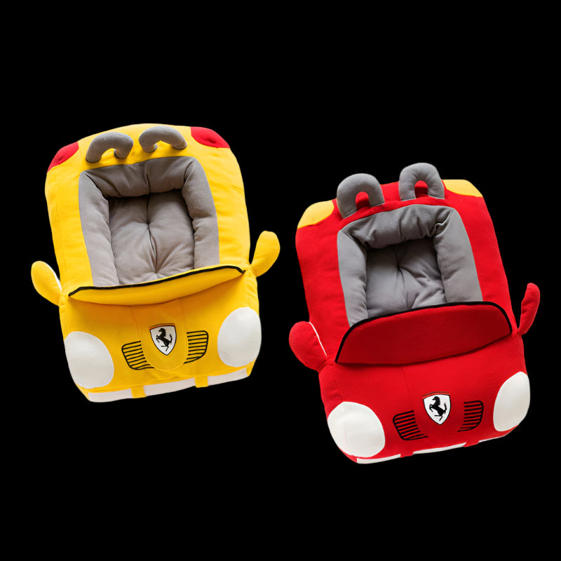 Two plush slippers shaped like car seats, one yellow and one red, on a white background.