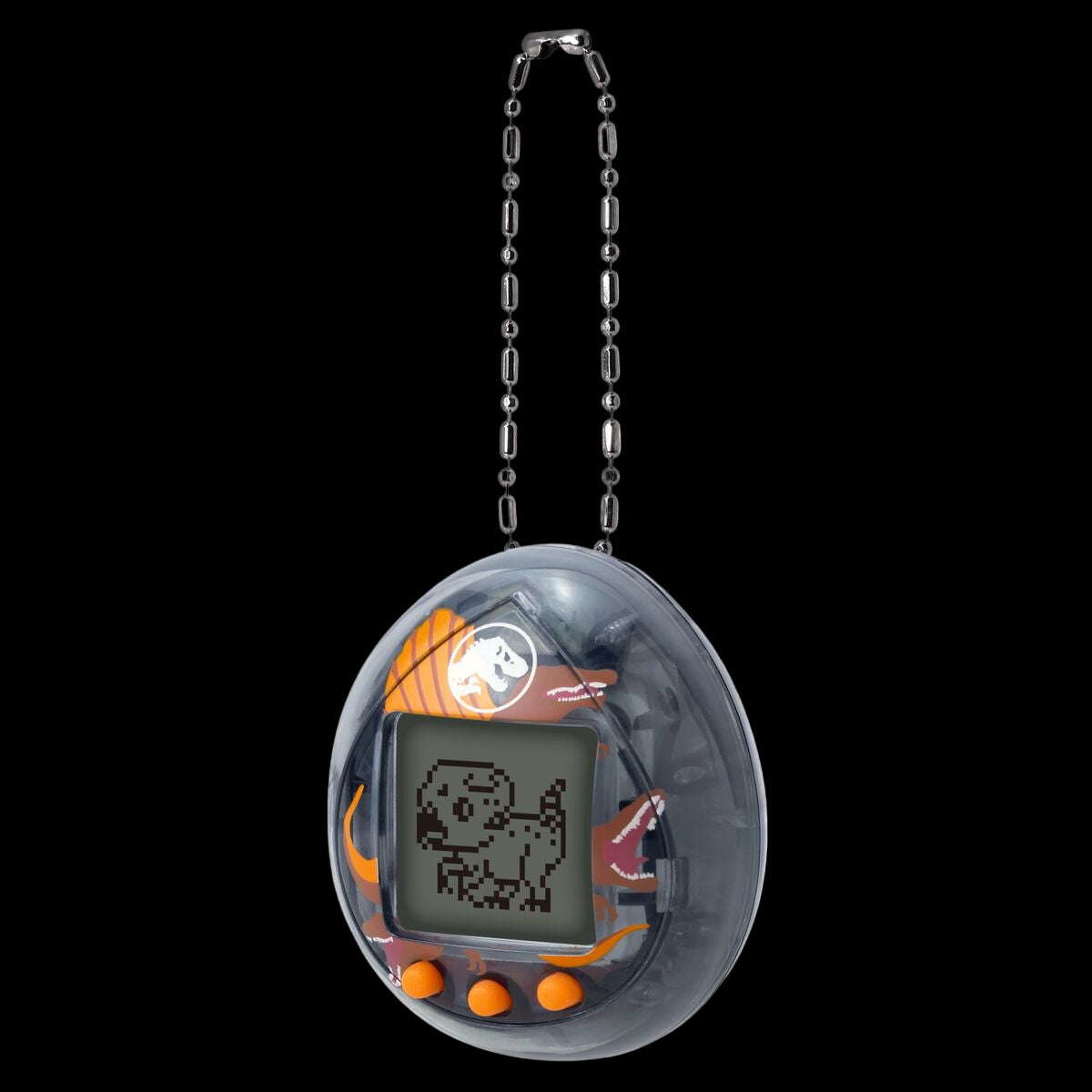 Vintage-style digital pet toy with a clear casing and chain on a white background