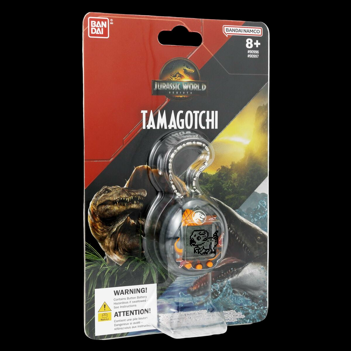 Tamagotchi device packaging with dinosaur design on a white background