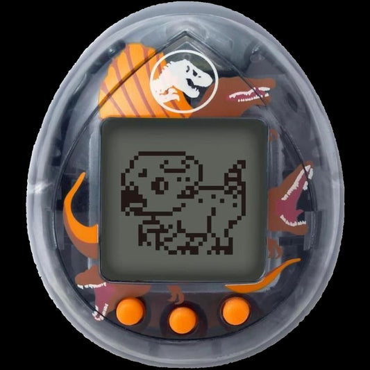 Digital pet toy with pixelated dinosaur design on a white background