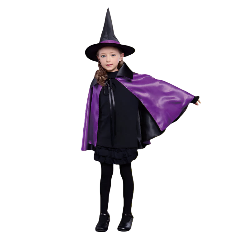 Child wearing a witch costume with a purple cape and hat on a white background