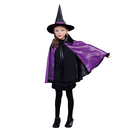 Child wearing a witch costume with a purple cape and hat on a white background