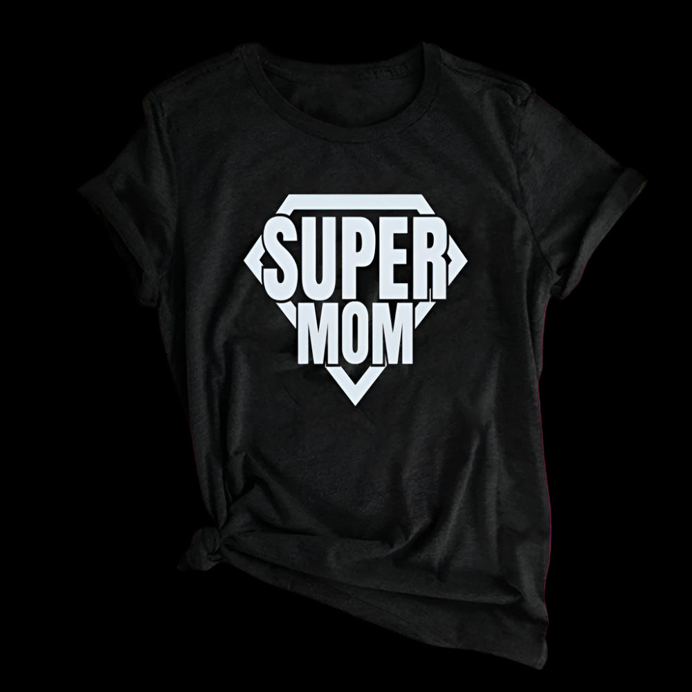 Black t-shirt with 'Super Mom' print on a light background