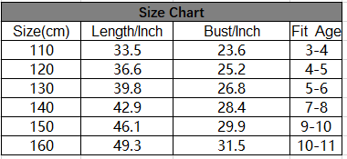 Size chart for clothing with measurements in centimeters and inches.