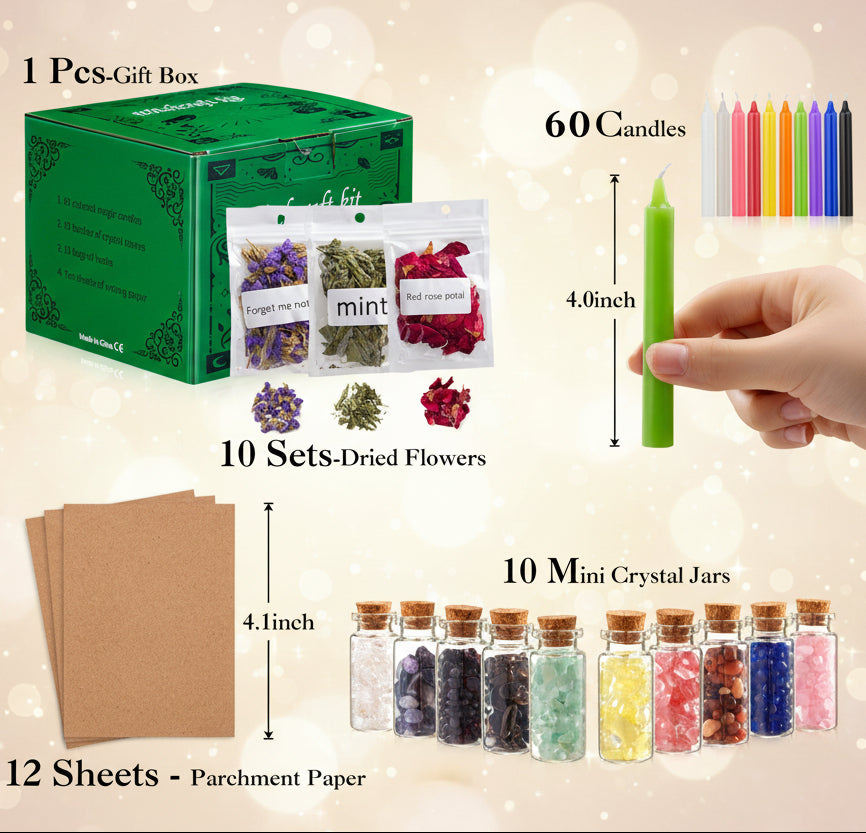 Witchcraft kit set with gift box, candles, dried flowers, parchment paper, and crystal jars.