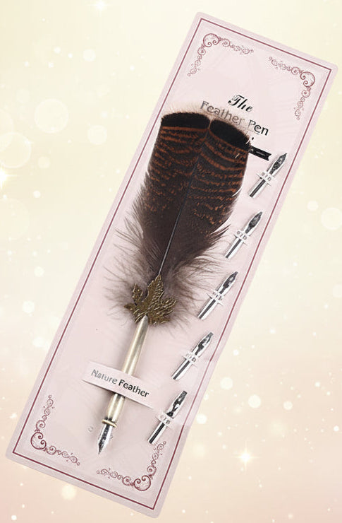 Feather pen with packaging on a white background