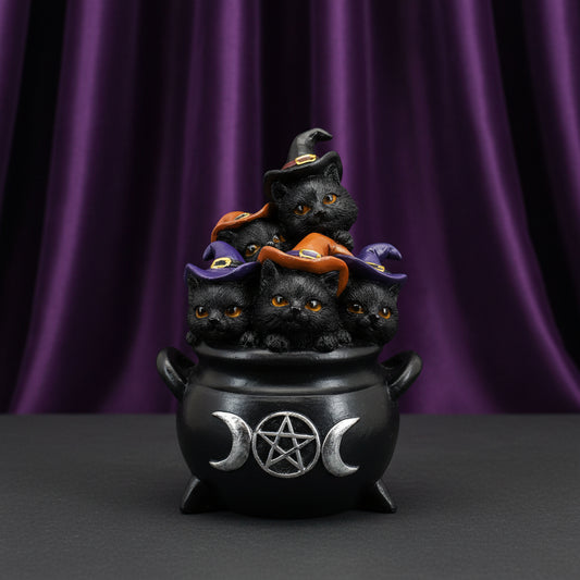 Witchy Halloween Statue - Black Cat Family In Cauldron 3.75" X 3.15"W X 5"H - Lucky Girl Gifts