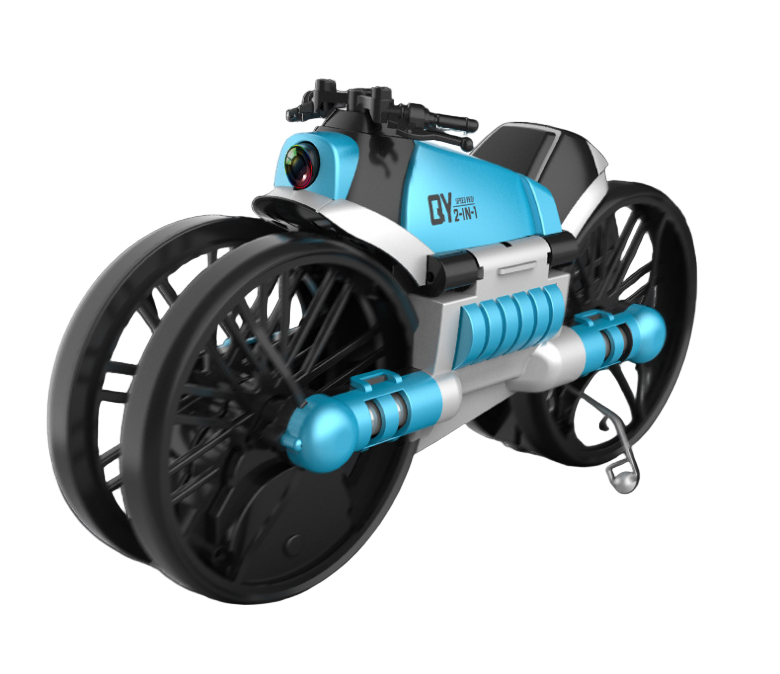 Toy motorcycle with blue and black design on a dark background