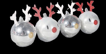 Set of four Christmas-themed glass balls with reindeer antlers and noses in clear packaging.