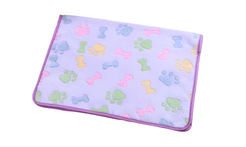 Purple pet mat with colorful paw prints and bones pattern on a white background