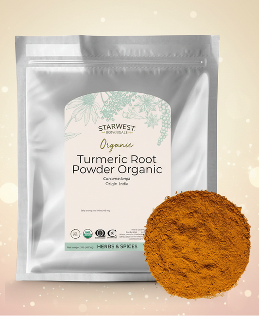 Starwest Botanicals organic turmeric root powder package with a sample of powder on a white background