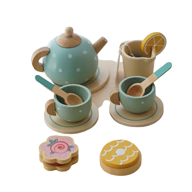 Children's afternoon tea set with teapot, cups, and cookies on a white surface.