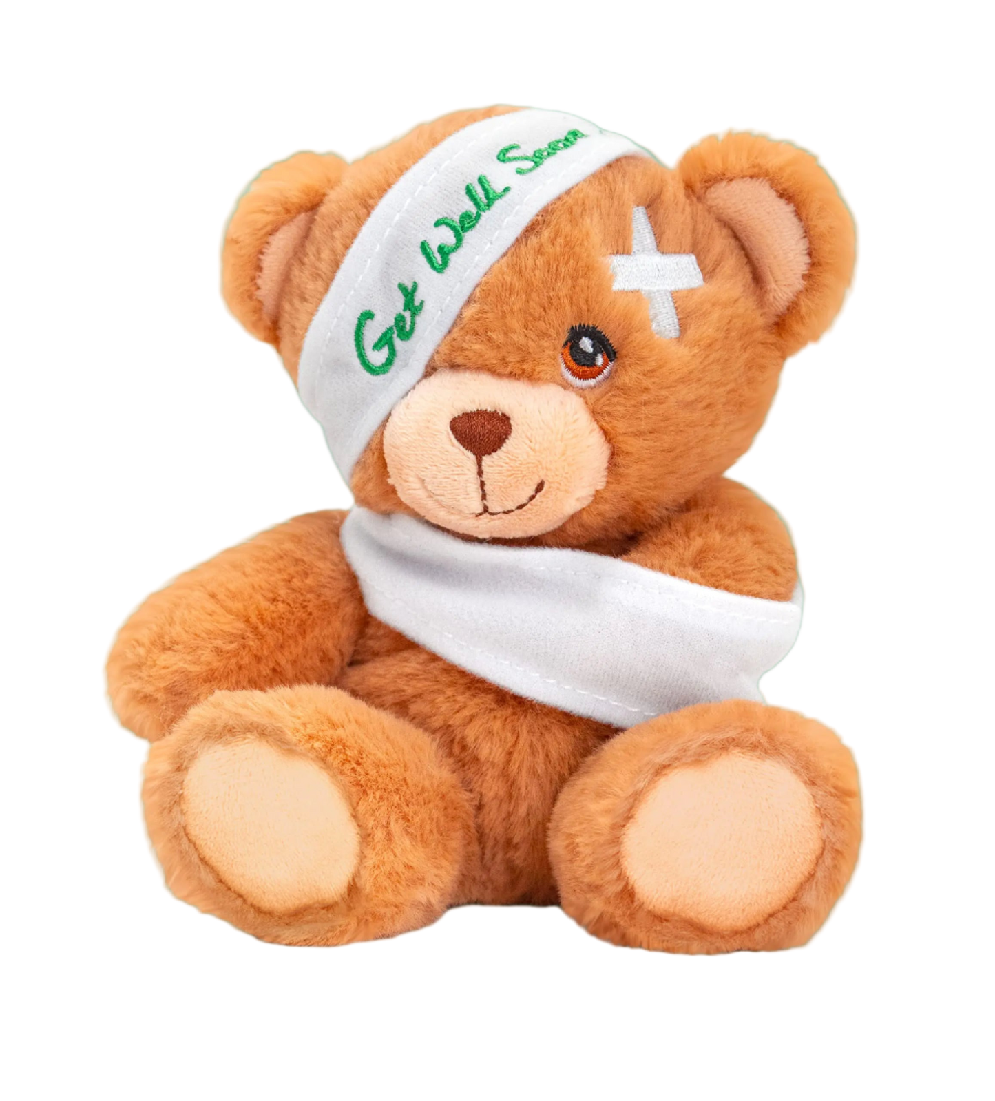 Teddy bear with a bandage and 'Get Well Soon' headband on a white background